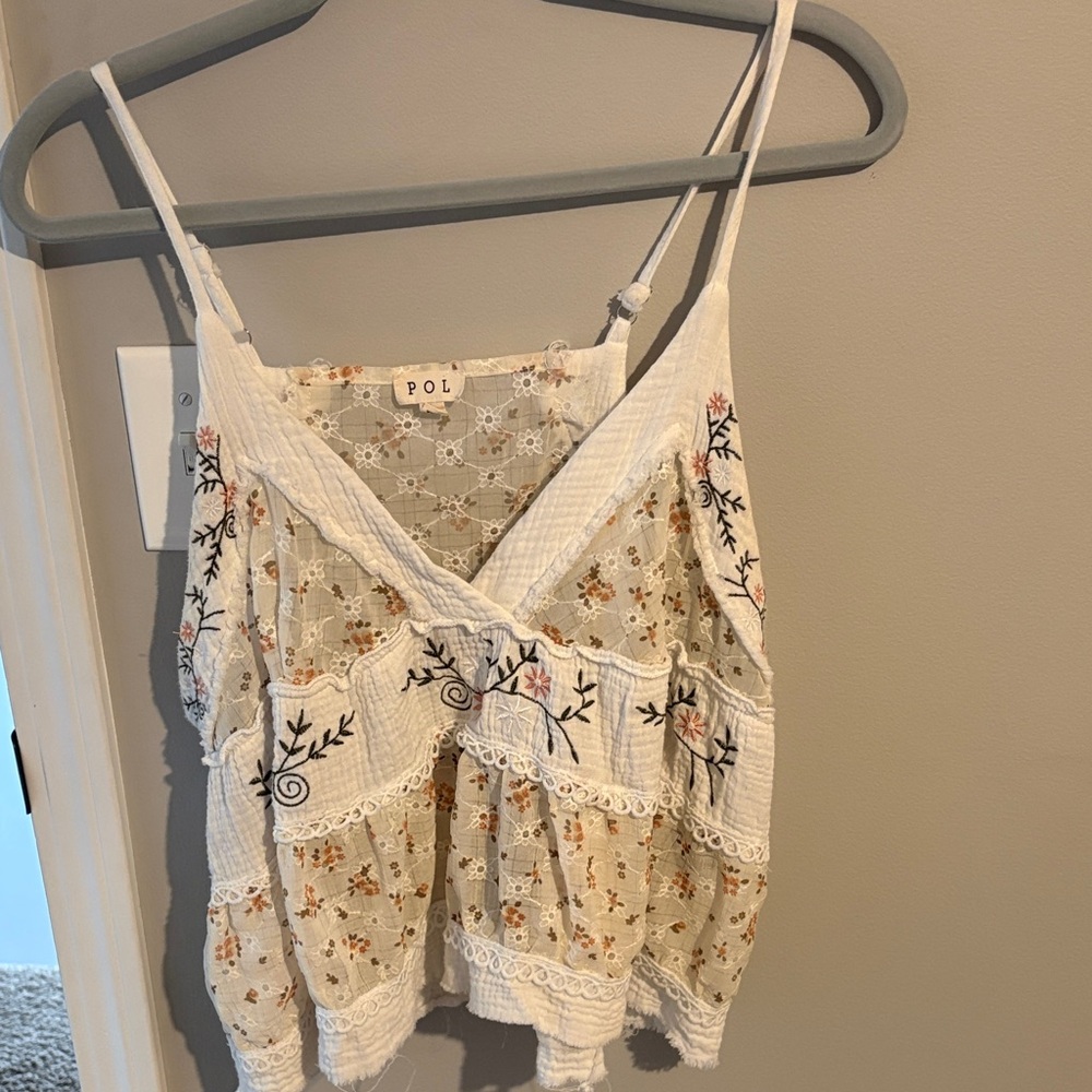 POL Floral Embroidered Camisole - Cream and Blue